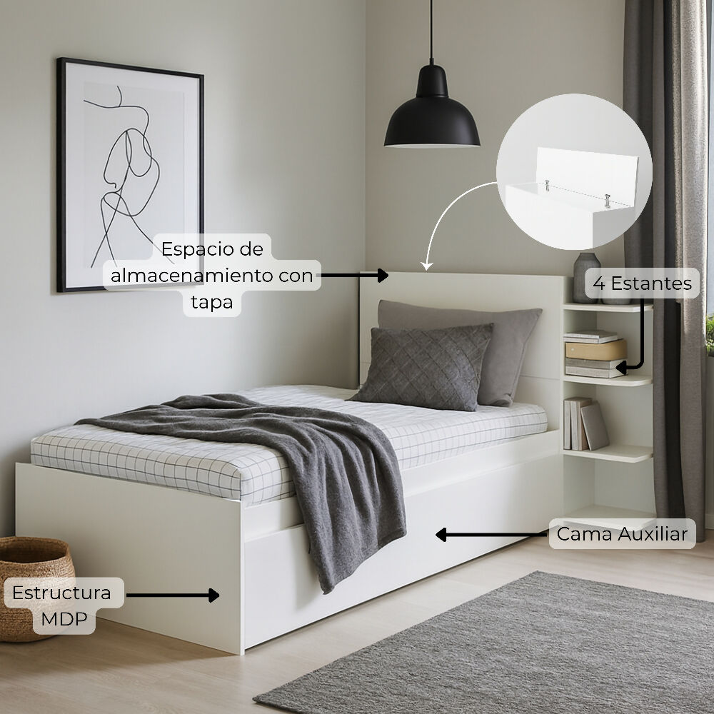 Cama Nido Multifuncional Gea Blanca Con Estantes Laterales Y Cabecero Con Almacenamiento