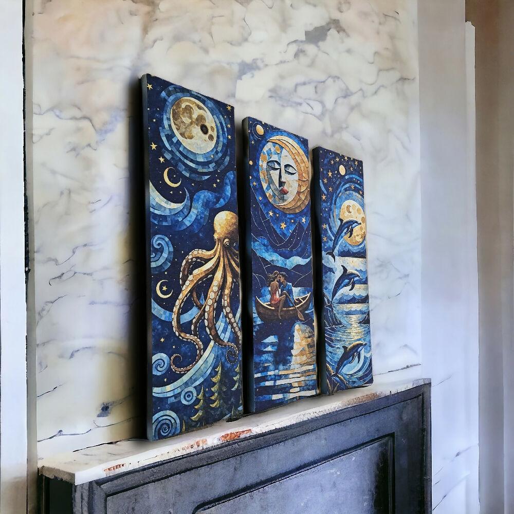Lienzos Tríptico Arte Noches De La Luna Azul 60X18CM