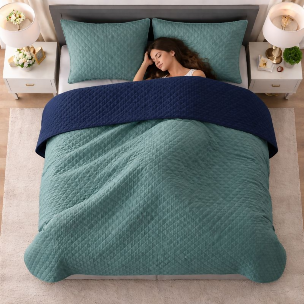 Colcha semidoble doble faz verde azul