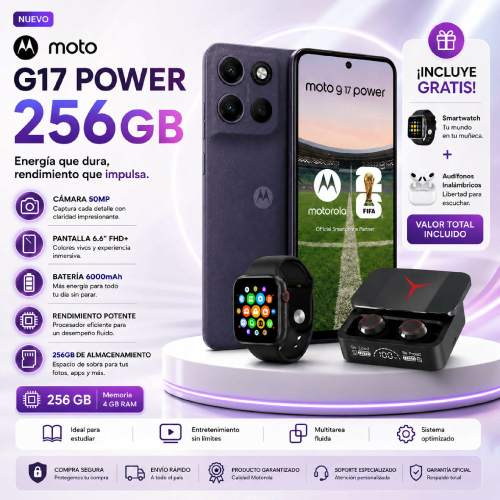 Teléfono Motorola Moto G17 Power 256GB Morado + Kit Regalo Reloj Inteligente Y Audífonos