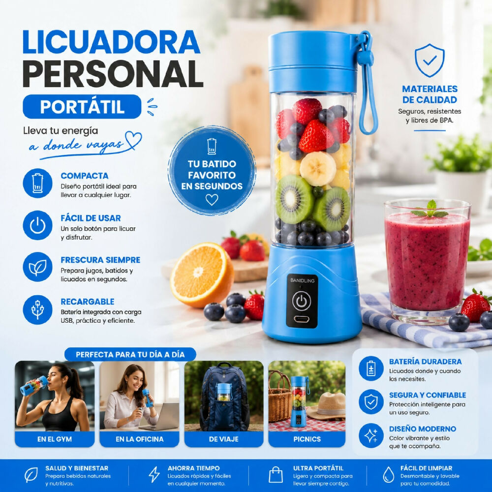 Licuadora Personal Portátil Recargable USB 380 Ml Azul