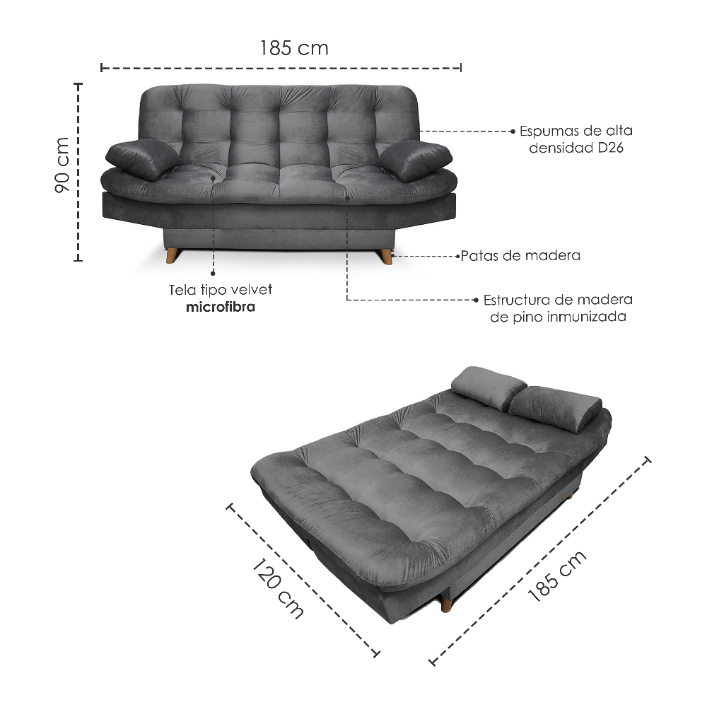 Sofá Cama 3 Posiciones Fendik Tela Gris