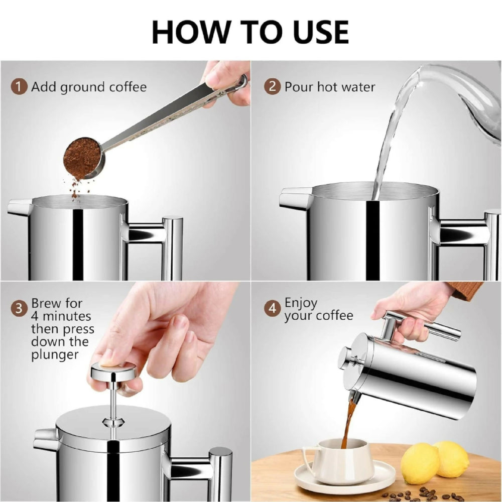 Cafetera De Prensa Francesa De Acero Inoxidable 350ml Con Doble Pared Térmica