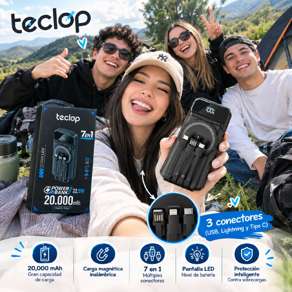 Cargador Portatil Power Bank 20.000 MaH Con Cables Integrados 7 En 1 Bateria