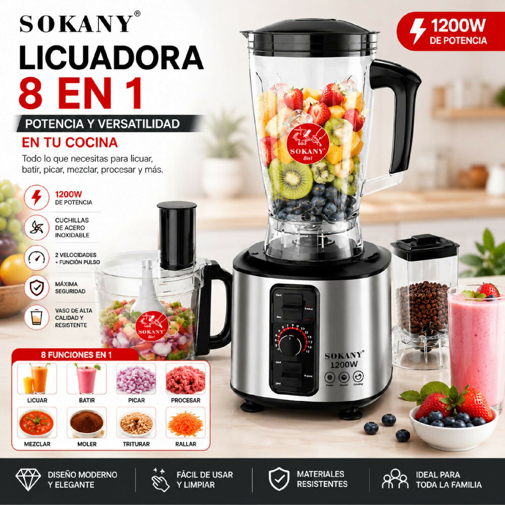 Licuadora 7 en 1 Sokany 15 Velocidades Procesador Multifuncional de Alta Potencia para Cocina Completa