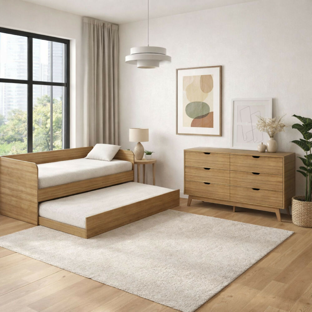 Combo Sofá Cama Atlanta Almendra + Cómoda Dakar Almendra