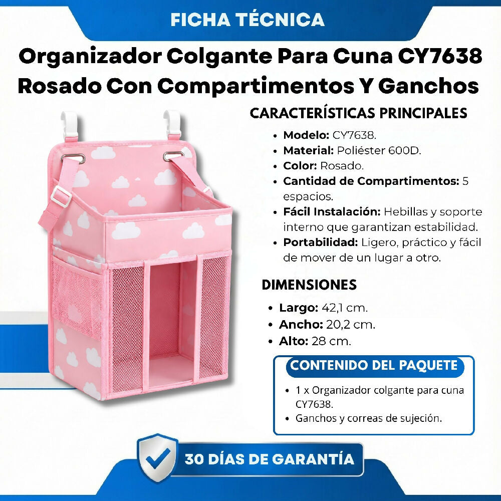 Organizador Colgante Para Cuna CY7638 Rosado Con Compartimentos Y Ganchos De Sujeción