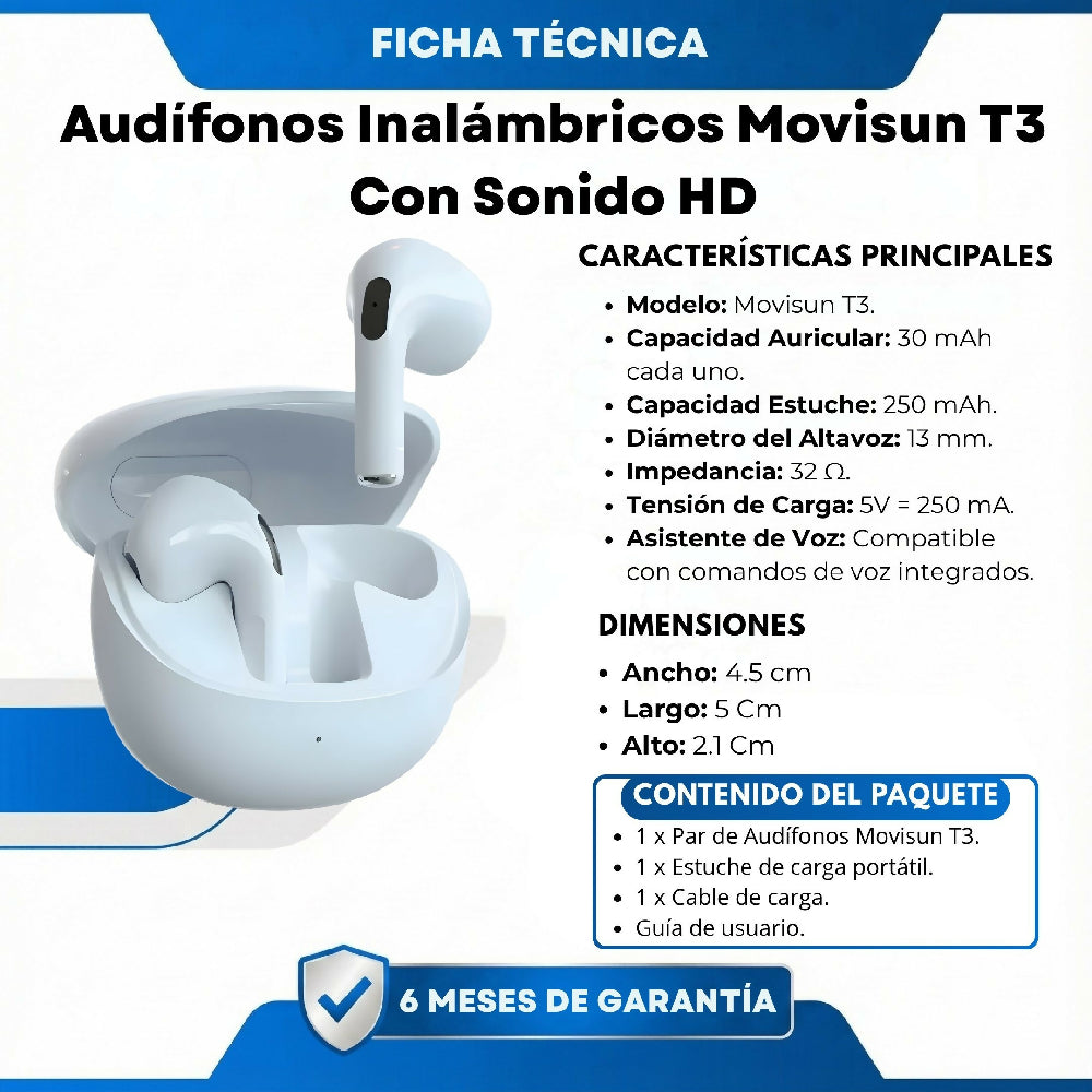 Audífonos Inalámbricos Movisun T3 Con Conexión 5.3V Y Carga Rápida