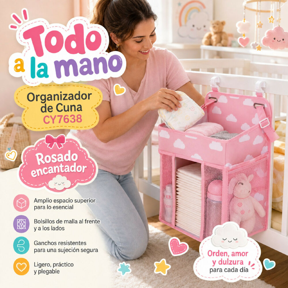 Organizador Colgante Para Cuna CY7638 Rosado Con Compartimentos Y Ganchos De Sujeción