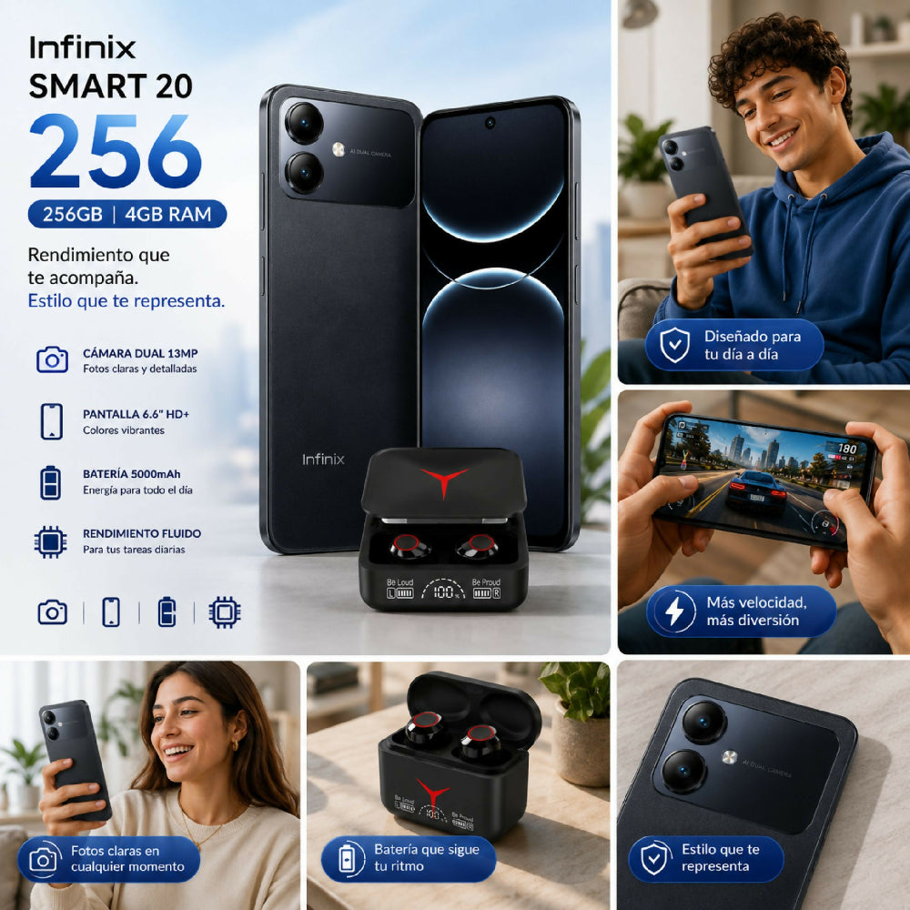 Celular Infinix Smart 20 256GB 4GB RAM Negro + Audífonos Y Reloj Obsequio