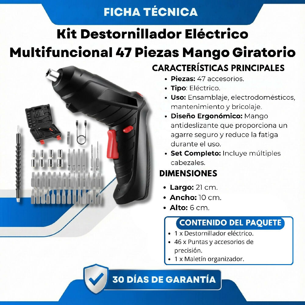 Kit Destornillador Eléctrico Multifuncional 47 Piezas Mango Giratorio