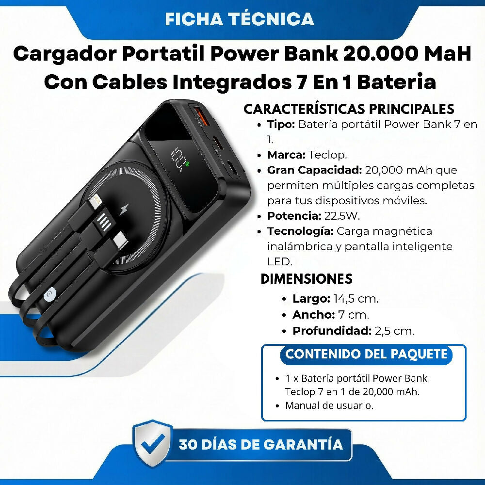 Cargador Portatil Power Bank 20.000 MaH Con Cables Integrados 7 En 1 Bateria