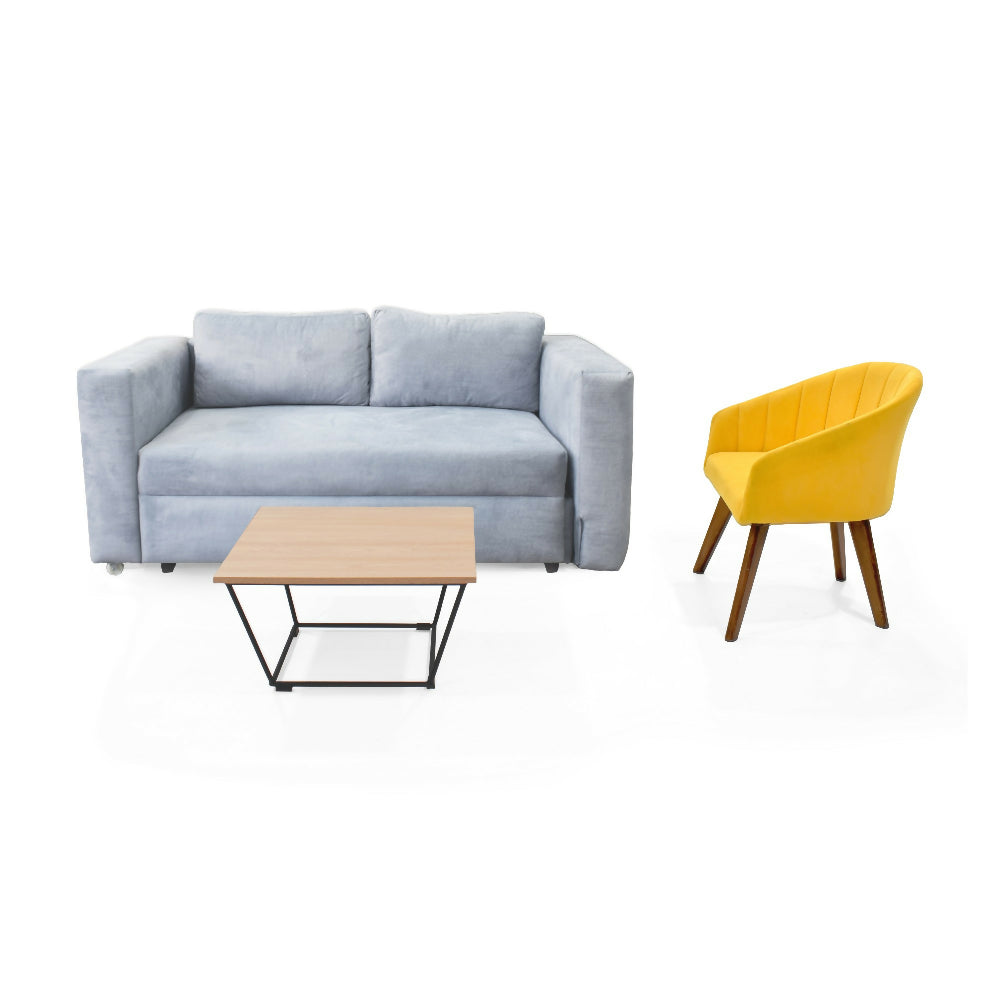 Sala con sofa Cama Baul Baxter Plata + Poltrona Shanghai Mostaza y Mesa Leeds