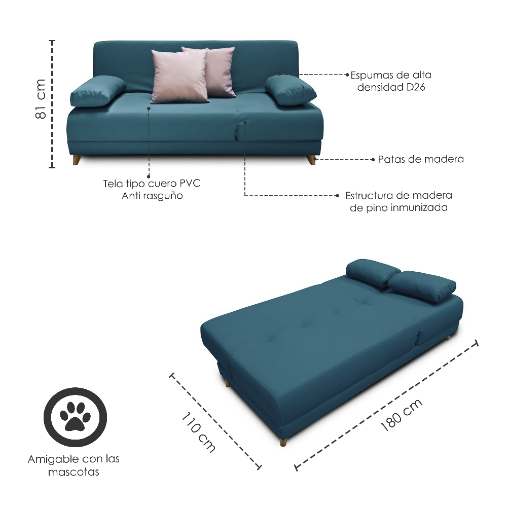 Sofa cama 5 posiciones Mariscal Anti Rasguño Turquesa