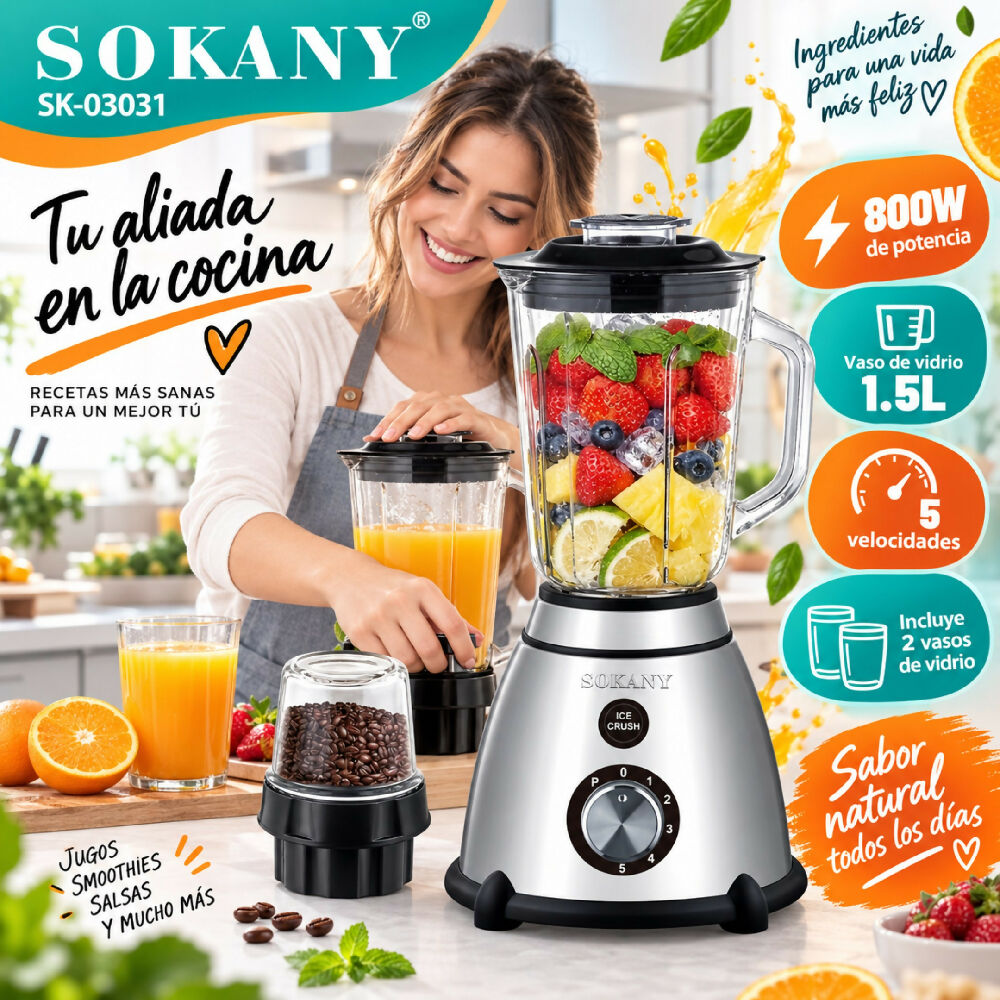 Licuadora Vaso De Alimentos Sokany 2 En 1 SK-03031 Alta Potencia Bebida 1,5L