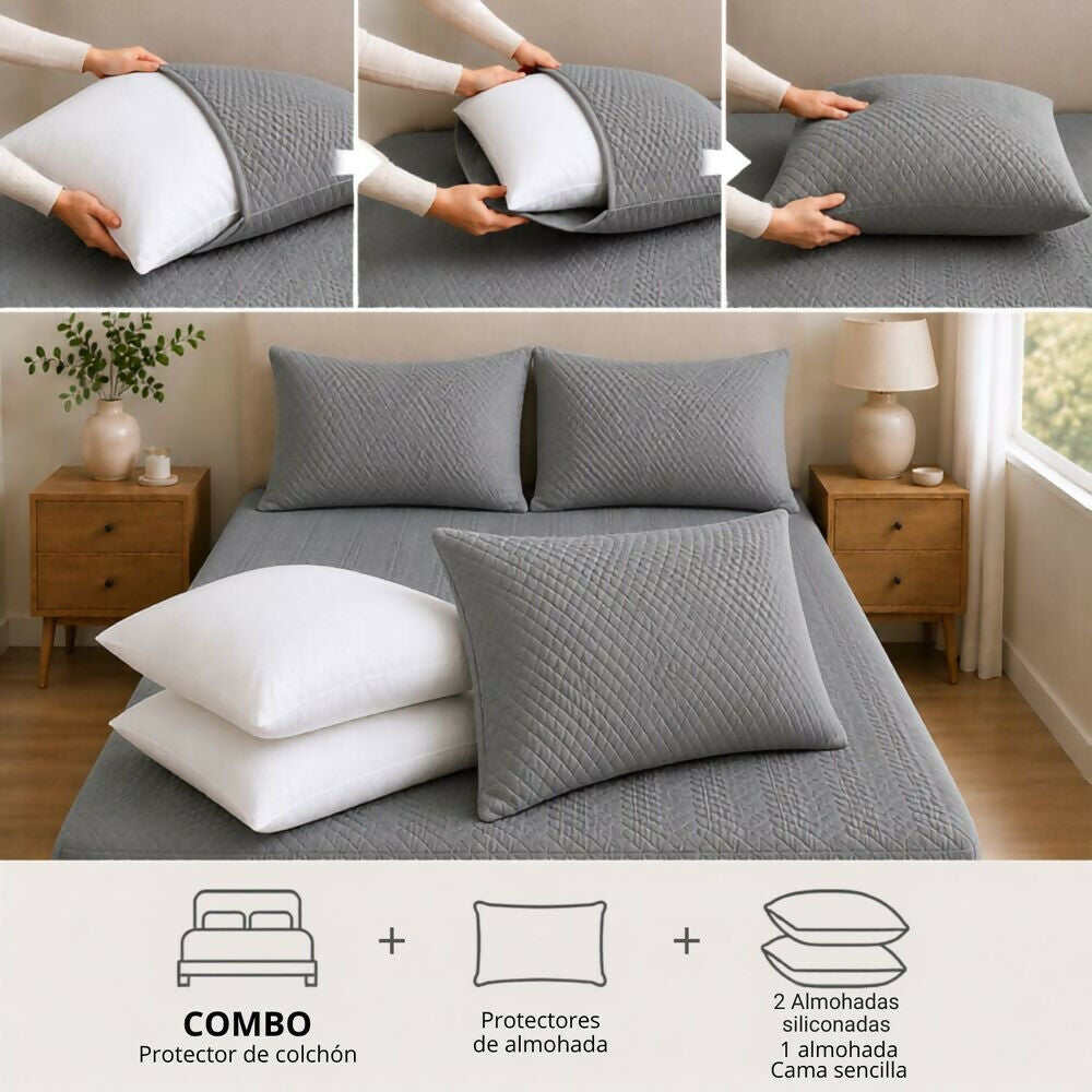Combo protector colchon + 2 almohadas siliconadas queen gris
