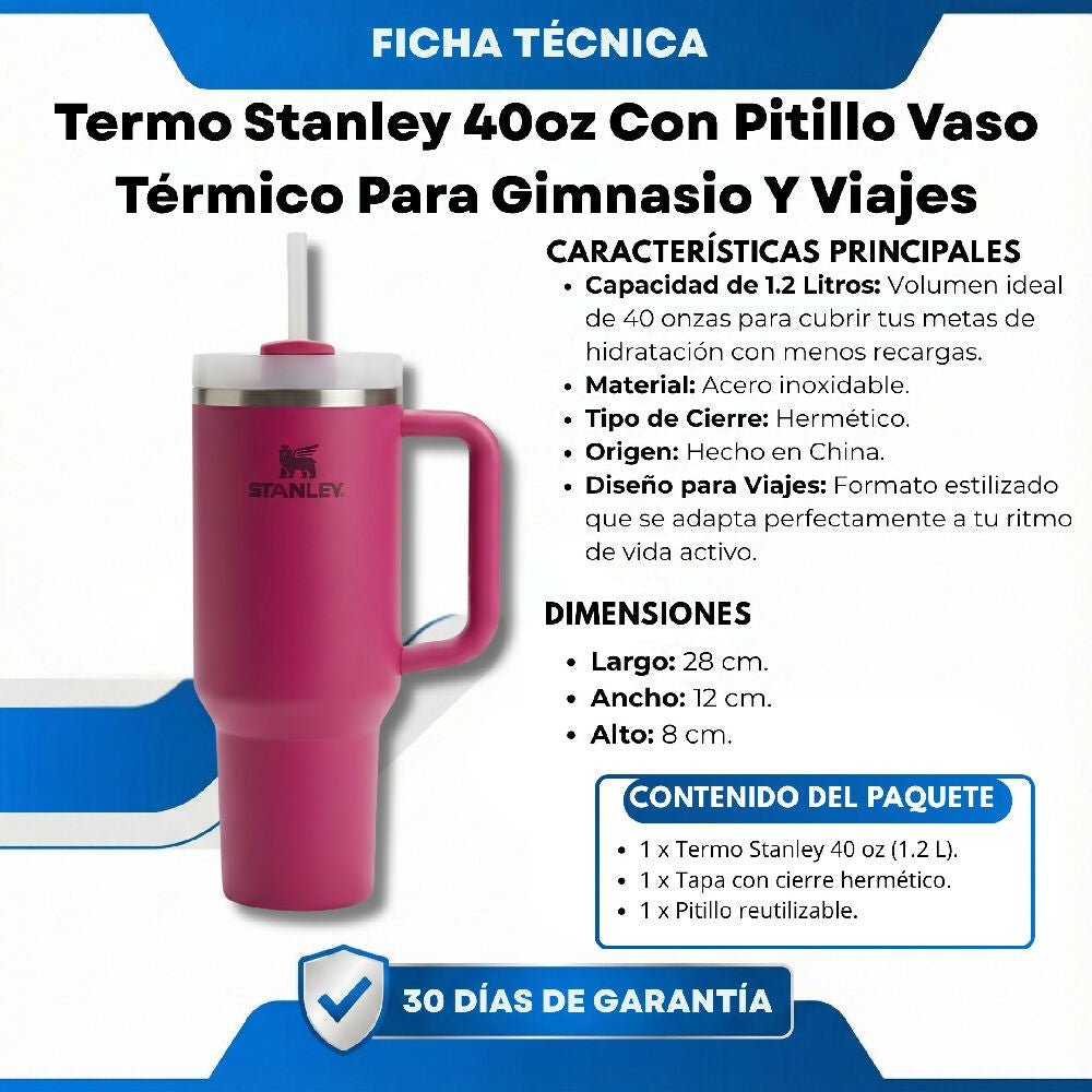 Termo Stanley 40oz Con Pitillo Vaso Térmico Para Gimnasio Y Viajes Fucsia