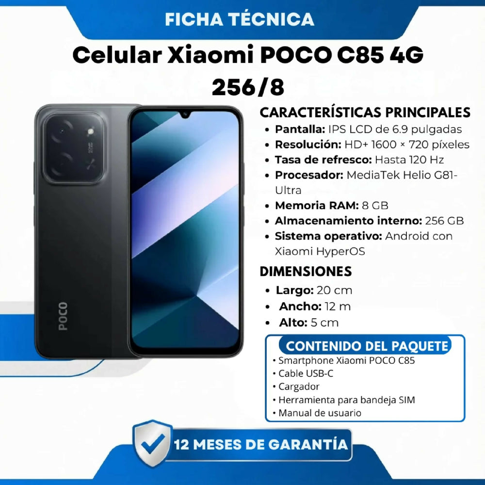 Celular Xiaomi POCO C85 4G 256/8 Procesador Octa-Core Negro