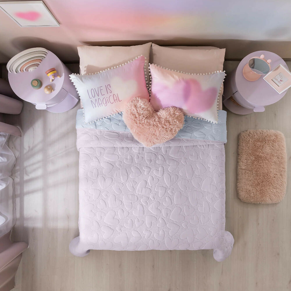 Juego Edredon Love, para Cama Sencilla, 2 Vistas (Incluye 1 Funda 1 Cojín)