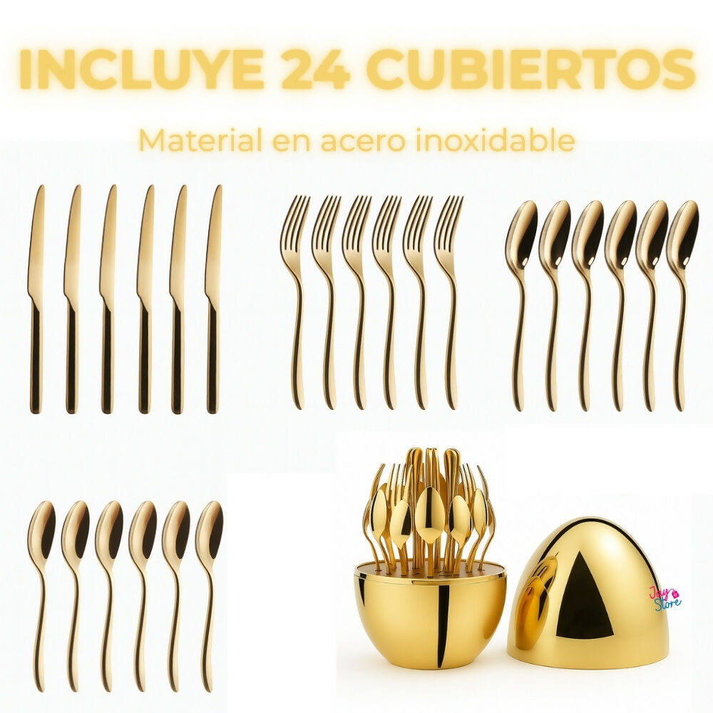 Cubiertos Set 24 Piezas Acero Inoxidable Estuche Huevo Gold