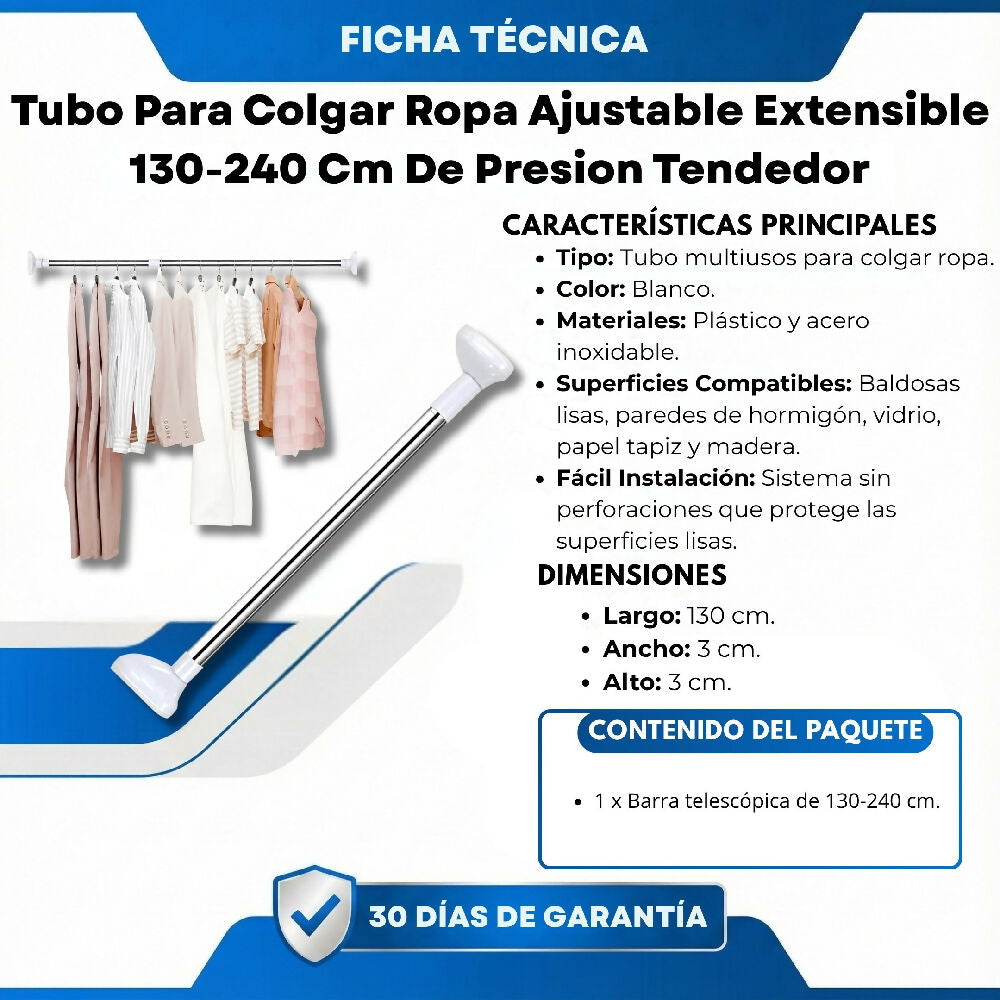 Tubo Para Colgar Ropa Ajustable Extensible 130-240 Cm De Presion Tendedor