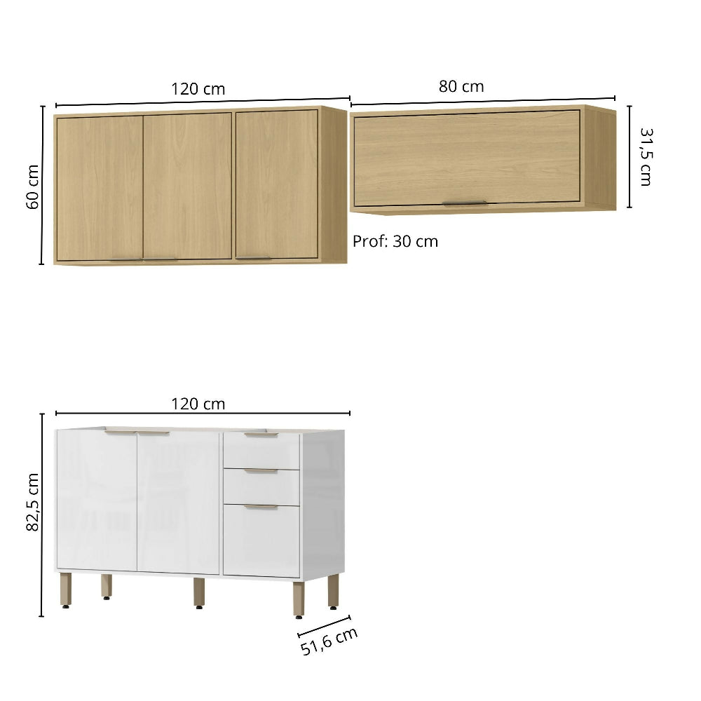 Cocina 200 cm Isabela 7 Puertas 2 Cajones - Almendra/Blanco Apagado