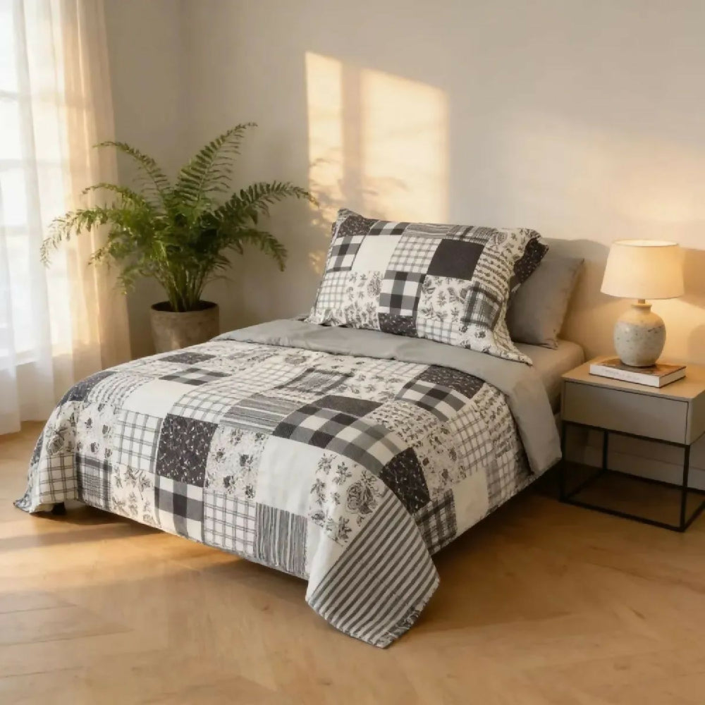 Juego de Sábanas Cama Doble 300 Hilos 100% Algodón Patchwork Gris Suave