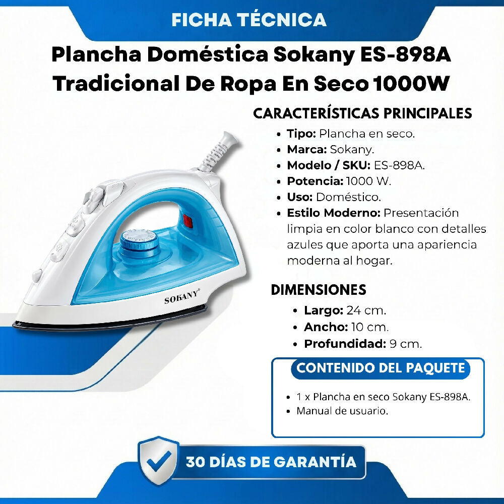 Plancha Doméstica Sokany ES-898A Tradicional De Ropa En Seco 1000W