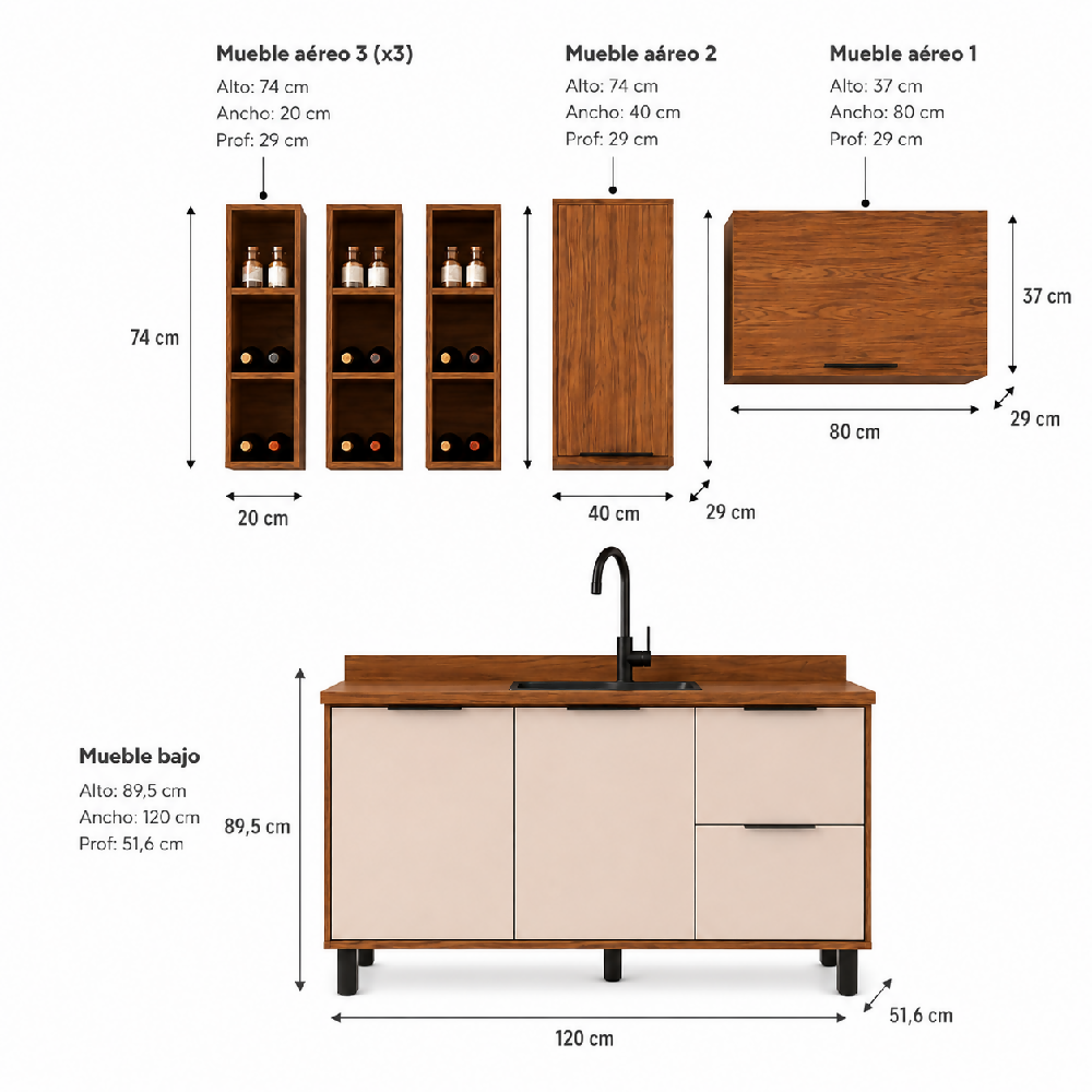 Cocina 180 cm Bahamas 4 Puertas 2 Cajones - Almendra/Blanco Apagado