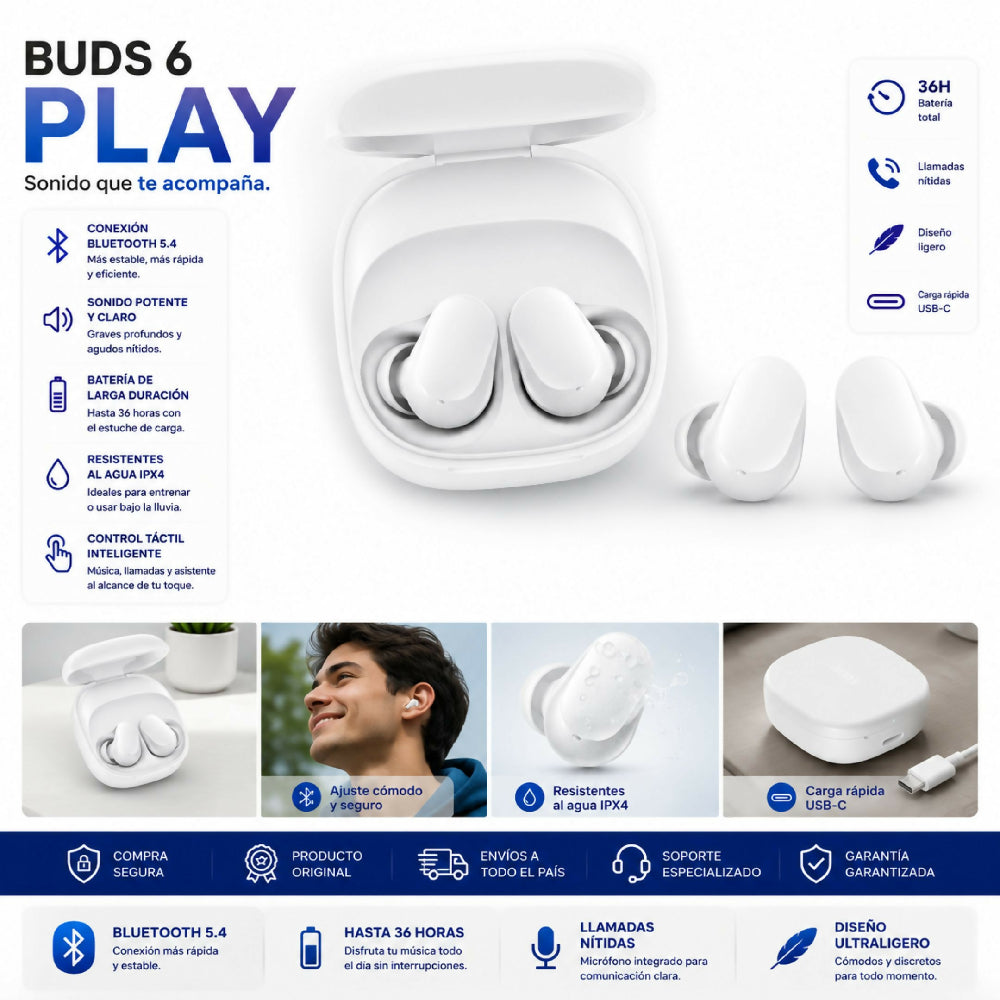 Audífonos Inalámbricos Redmi Buds 6 Play Blanco Bluetooth Originales