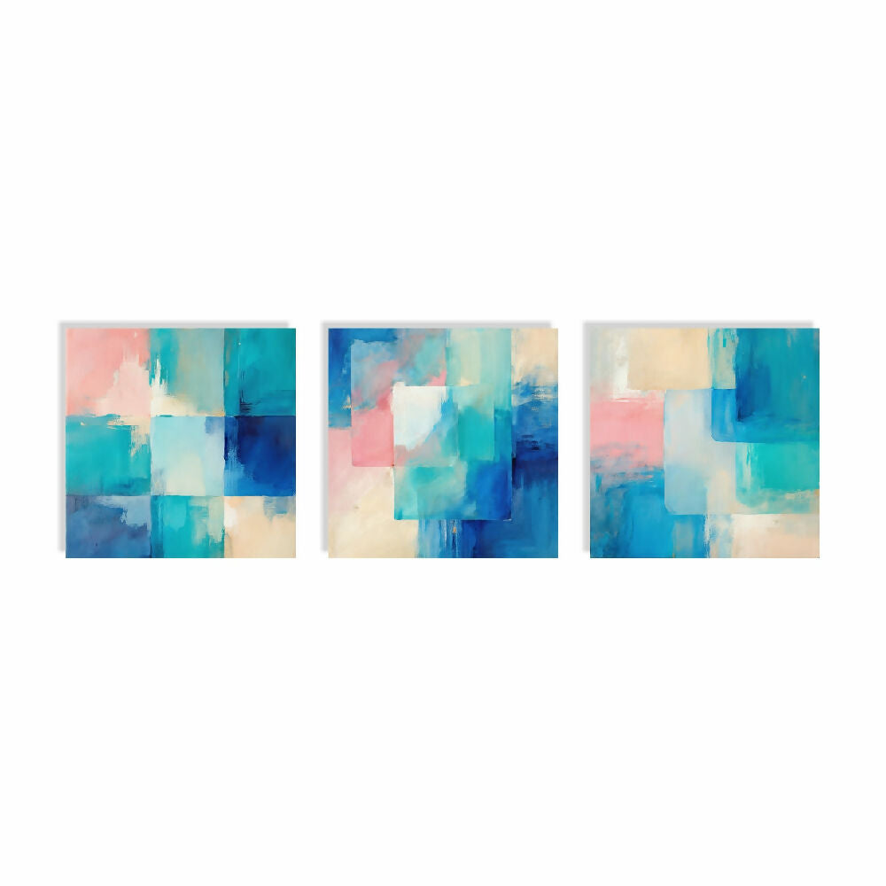 Lienzo Canvas Cuadro Triptico Ecos en Azul y Coral 34x34cm c/u