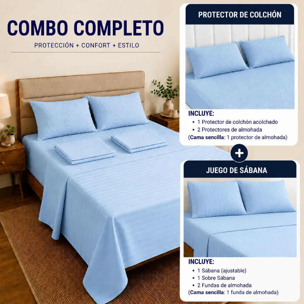 Combo protector colchon + Juego de sábanas queen celeste