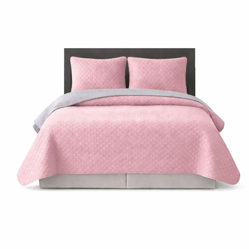 Colcha semidoble doble faz gris rosado