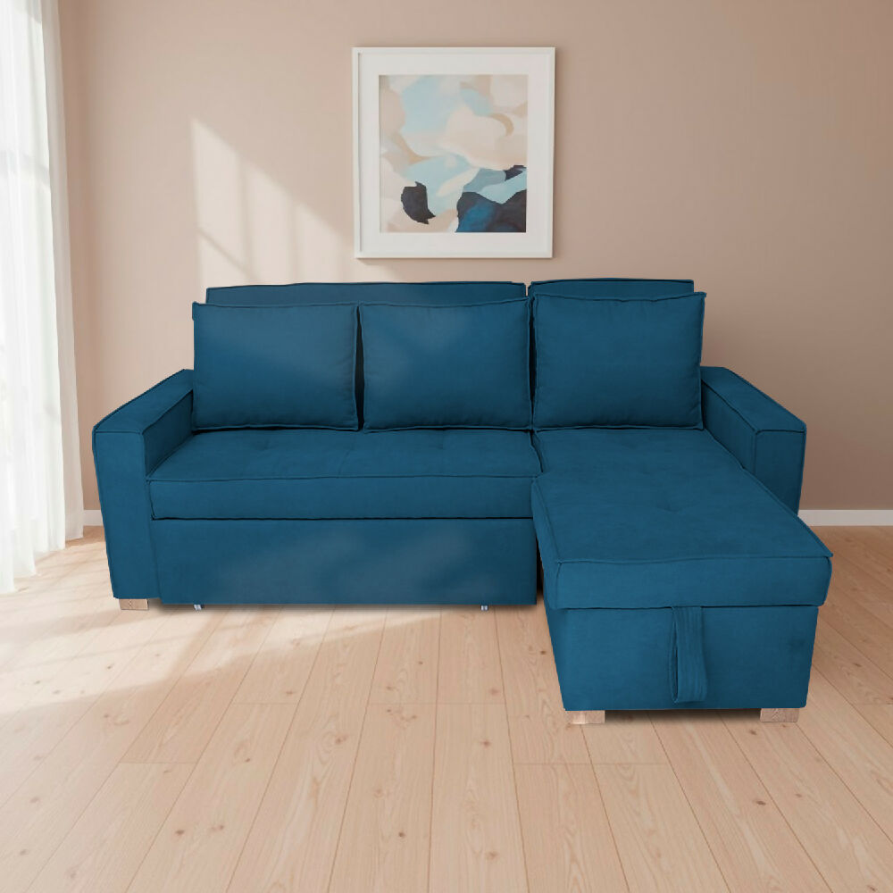 Esquinero Baúl Marsella Multifuncional Reclinable Derecho Azul Petróleo + Cojines Decorativos