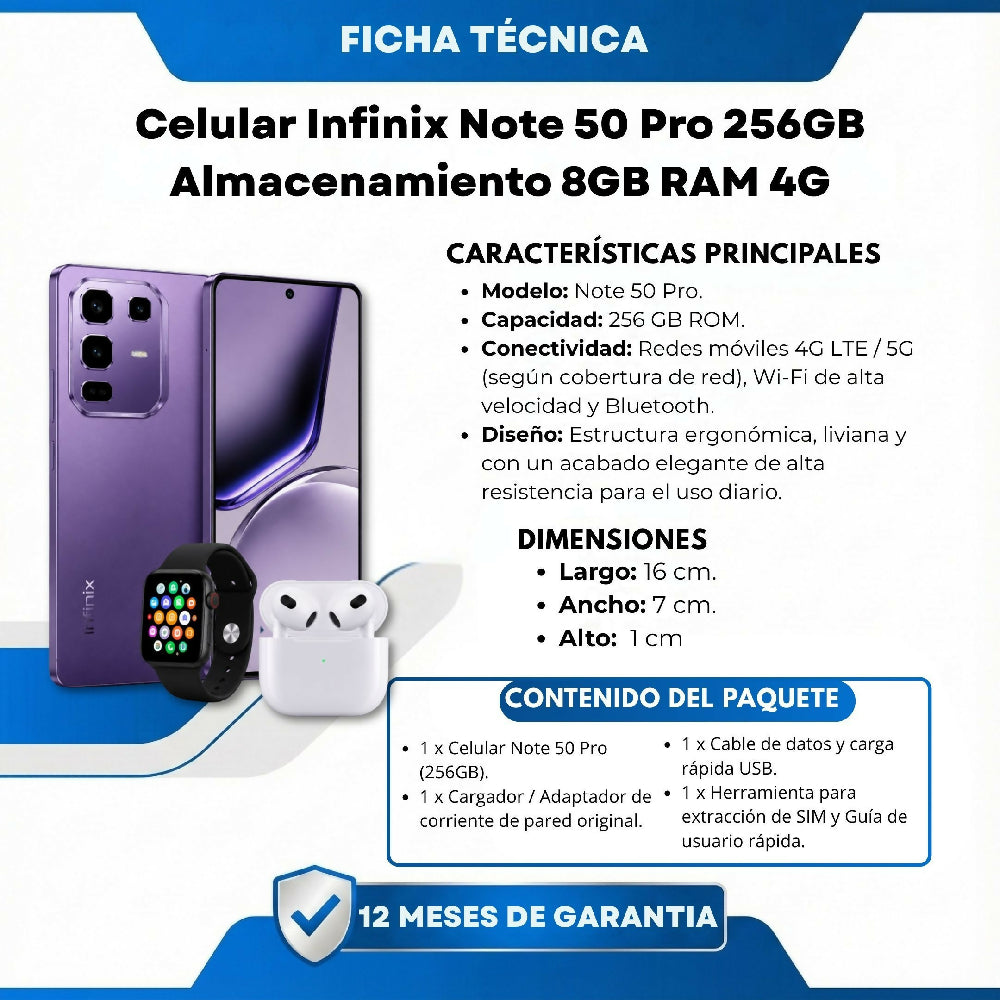 Smartphone Infinix Note 50 Pro 256GB Libre Morado + 2 Regalos Incluidos