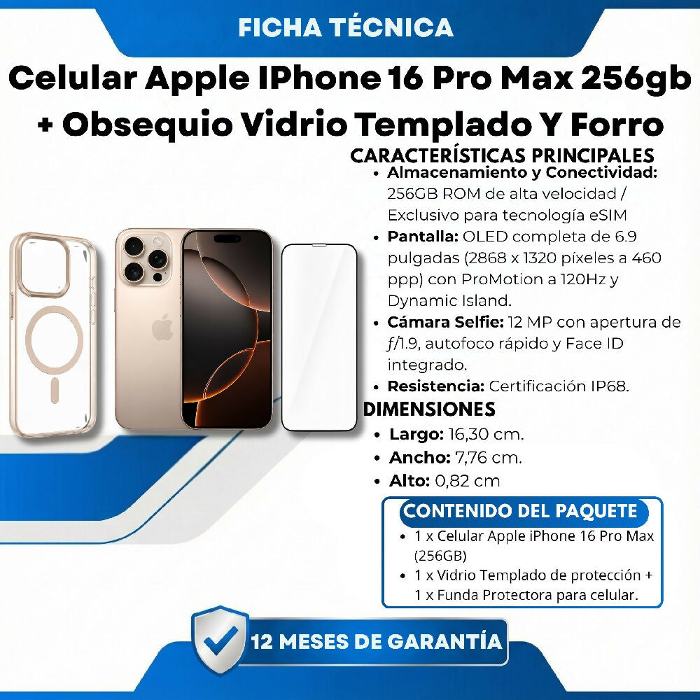 Celular Apple IPhone 16 Pro Max 256gb ESim + Obsequio Vidrio Templado Y Forro Dorado