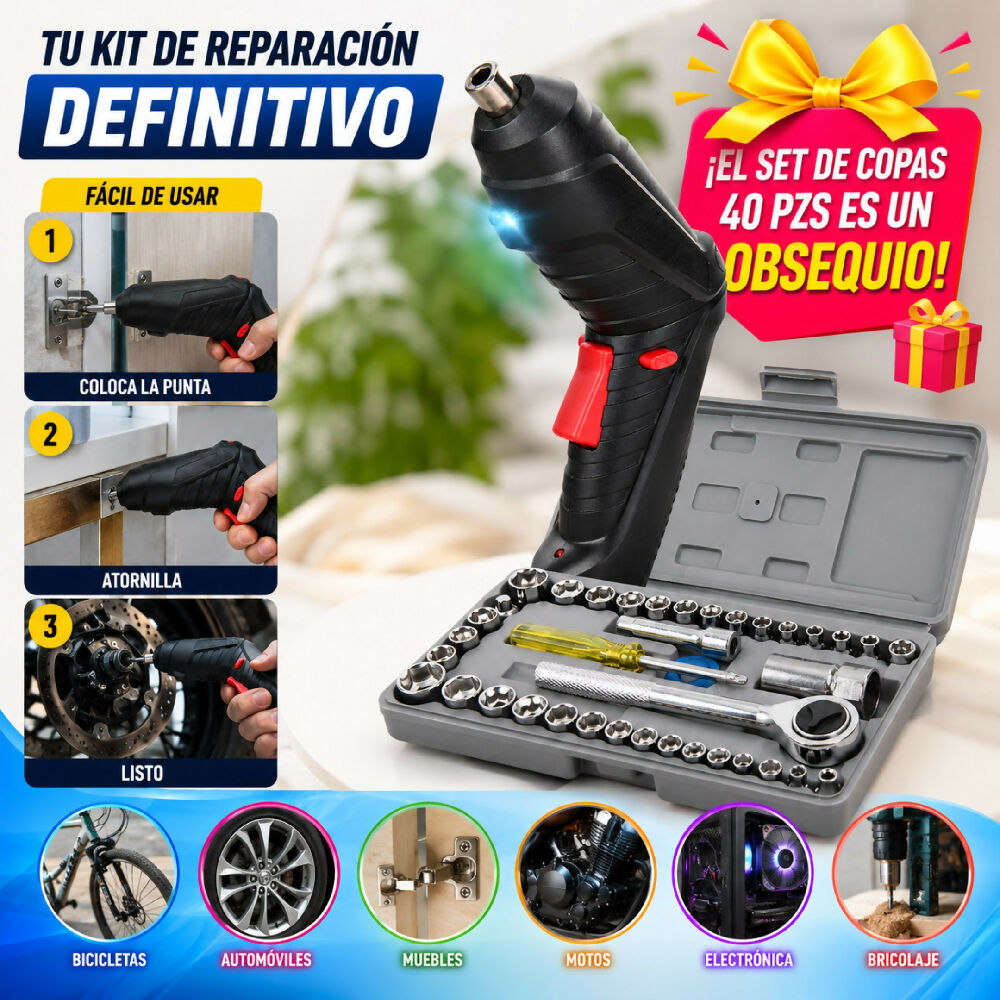 Destornillador Eléctrico Inalámbrico + Obsequio Set De Copas 40 Piezas