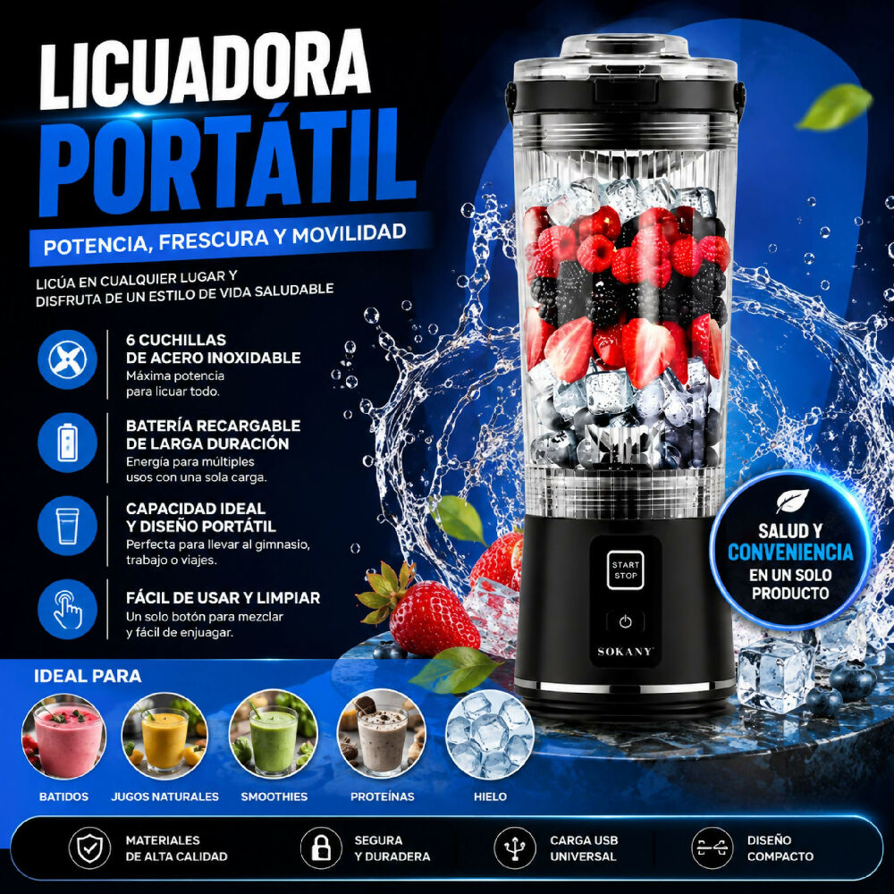 Licuadora Portátil Recargable USB Sokany SK 01023 Para Batidos