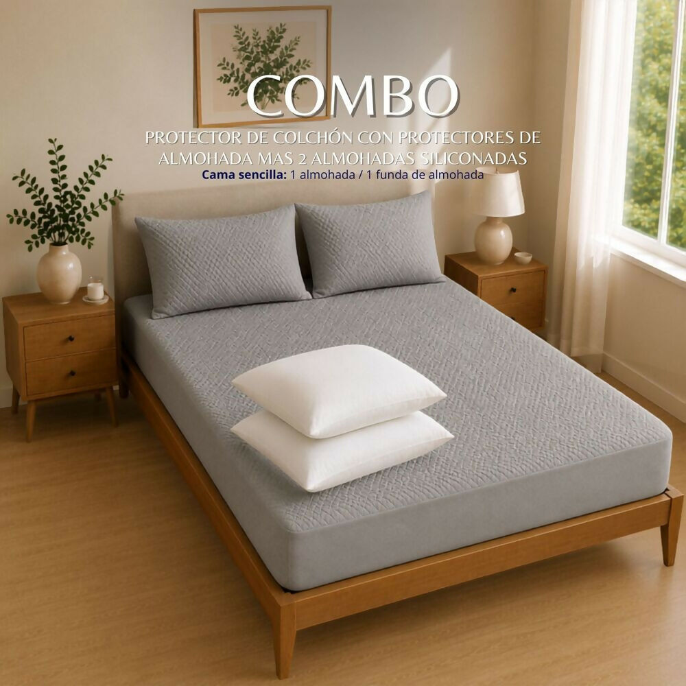 Combo protector colchon + 2 almohadas siliconadas doble gris