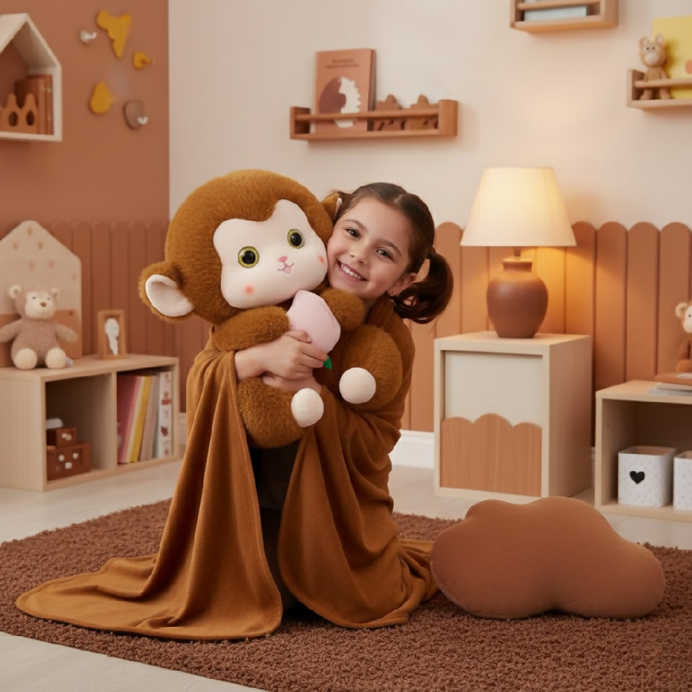 Peluche Mono Café 45 Cm Con Cobija Integrada – Compañero Suave Y Acogedor Ideal Para Regalo Y Descanso