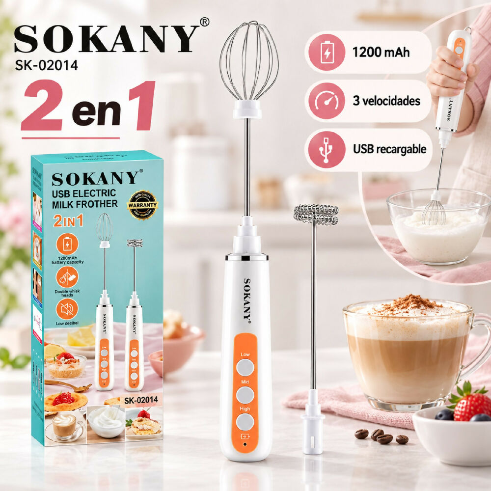 Minibatidora Portátil Recargable Sokany SK-02014 Con Accesorios Blanco