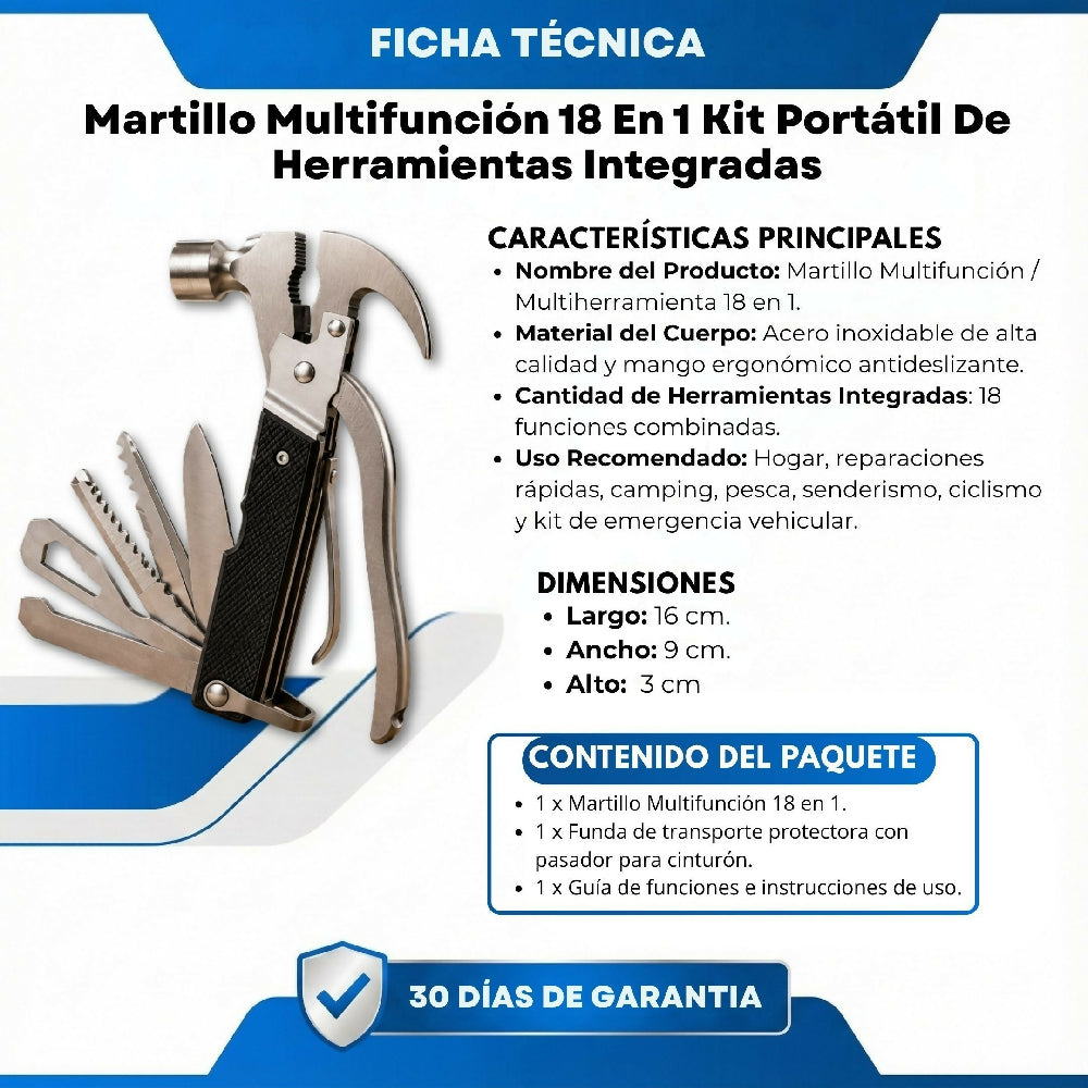 Martillo Multifunción 18 En 1 Kit Portátil De Herramientas Integradas