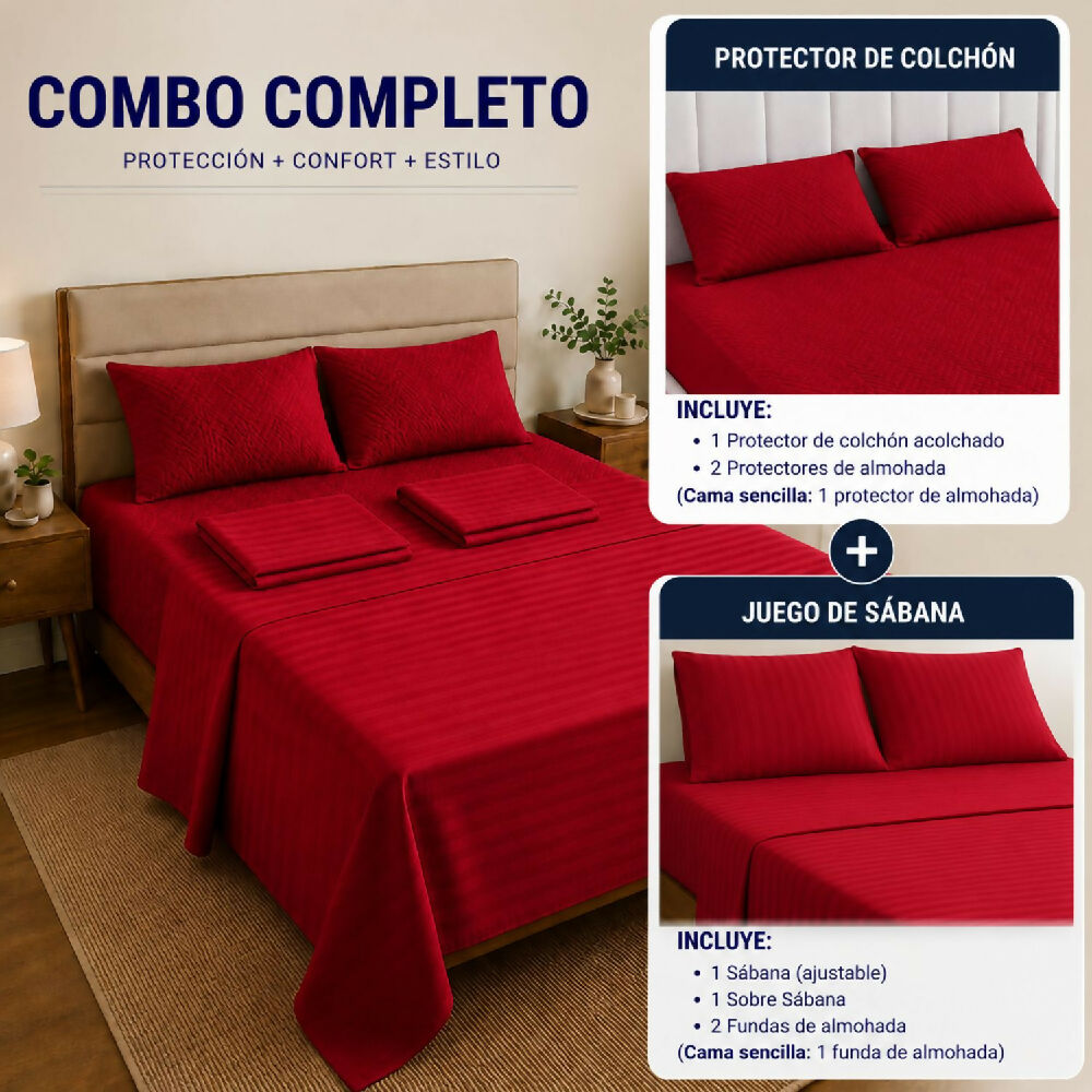 Combo protector colchon + Juego de sábanas doble rojo