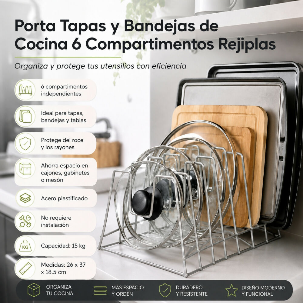 Porta Tapas y Bandejas de Cocina 6 Compartimentos Rejiplas