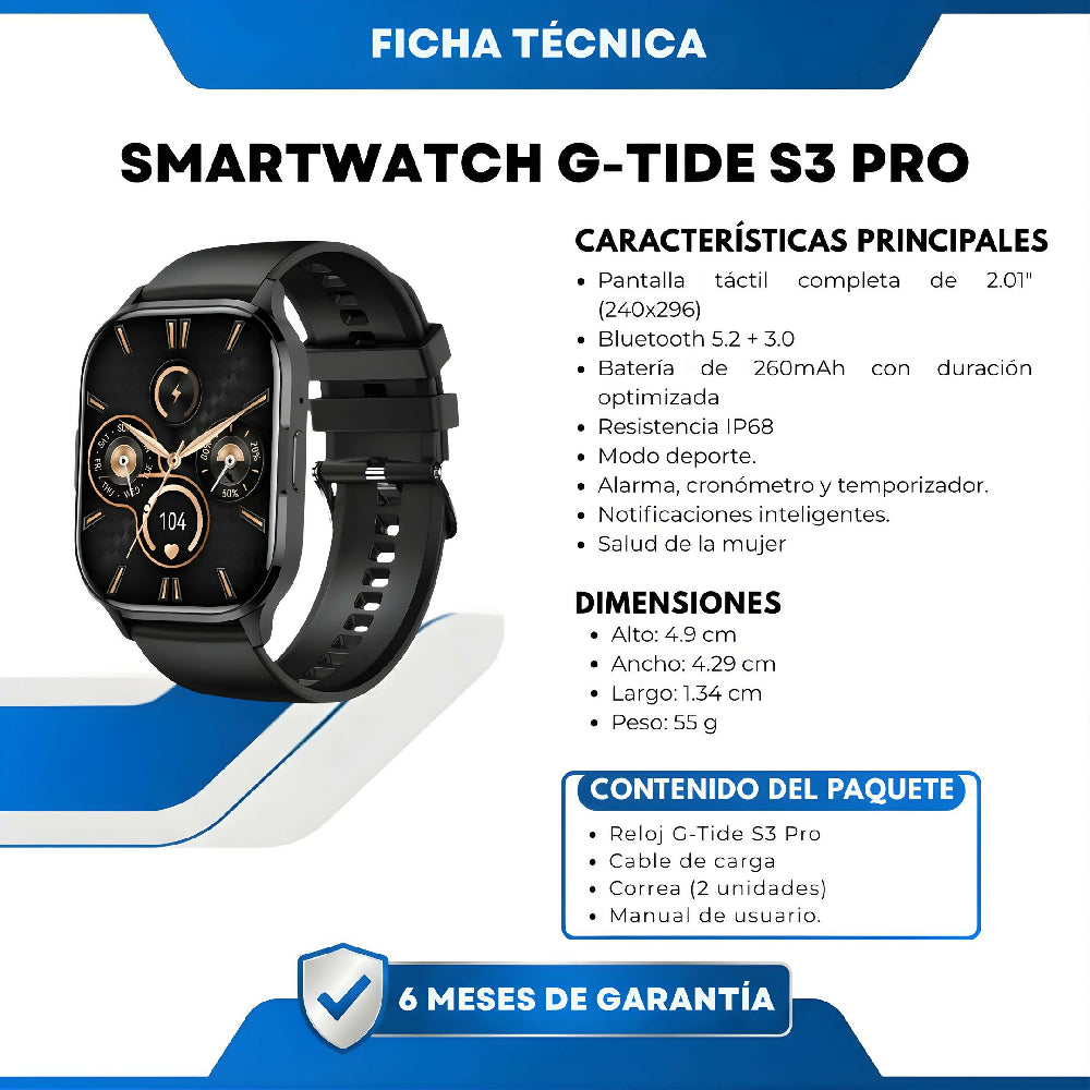 Smartwatch G-Tide S3 Pro Negro Reloj Inteligente Bluetooth Con Llamadas, Monitor De Salud, Frecuencia Cardíaca, SpO2 Y Notificaciones