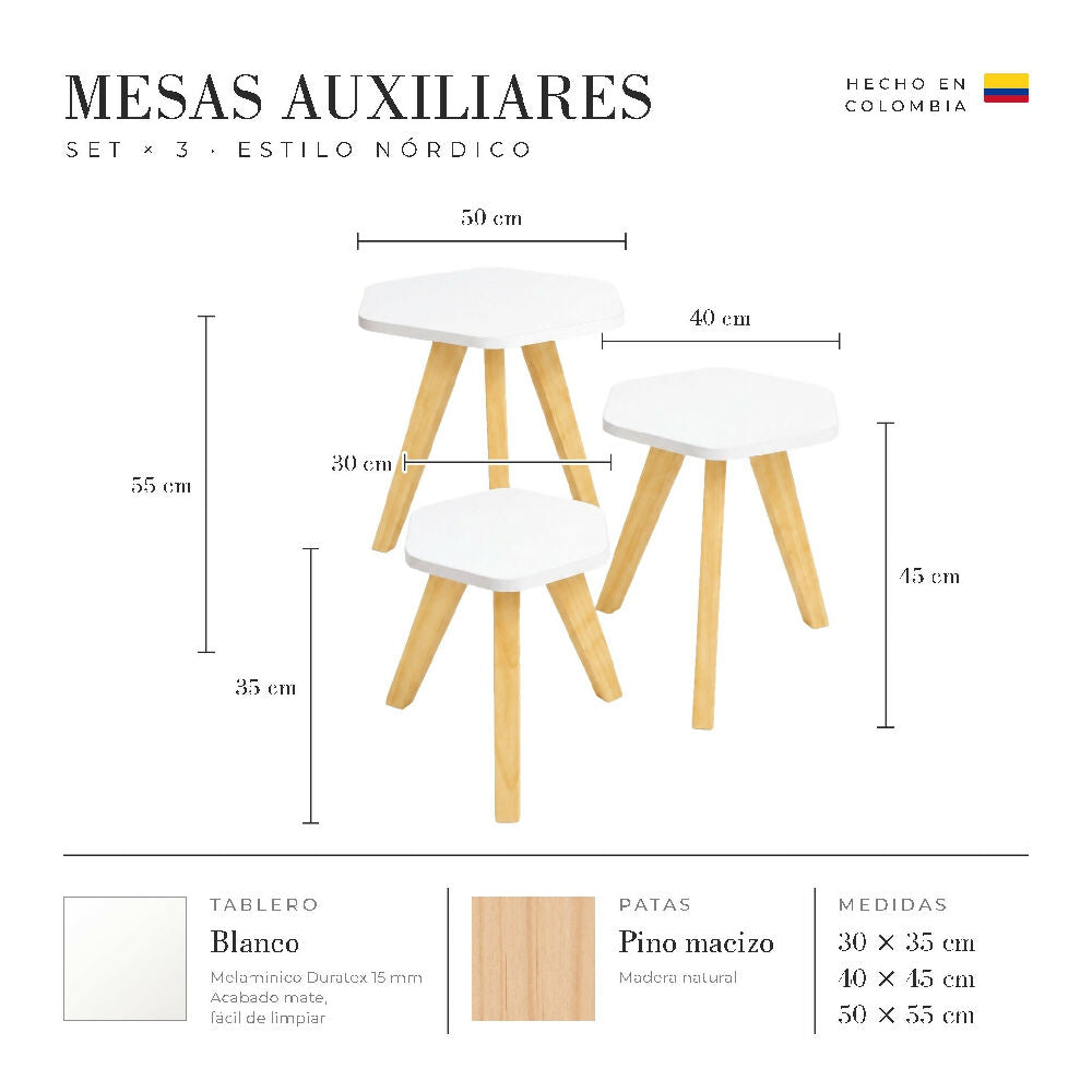 Mesa Auxiliar Nórdica Hexagonal - Set x 3