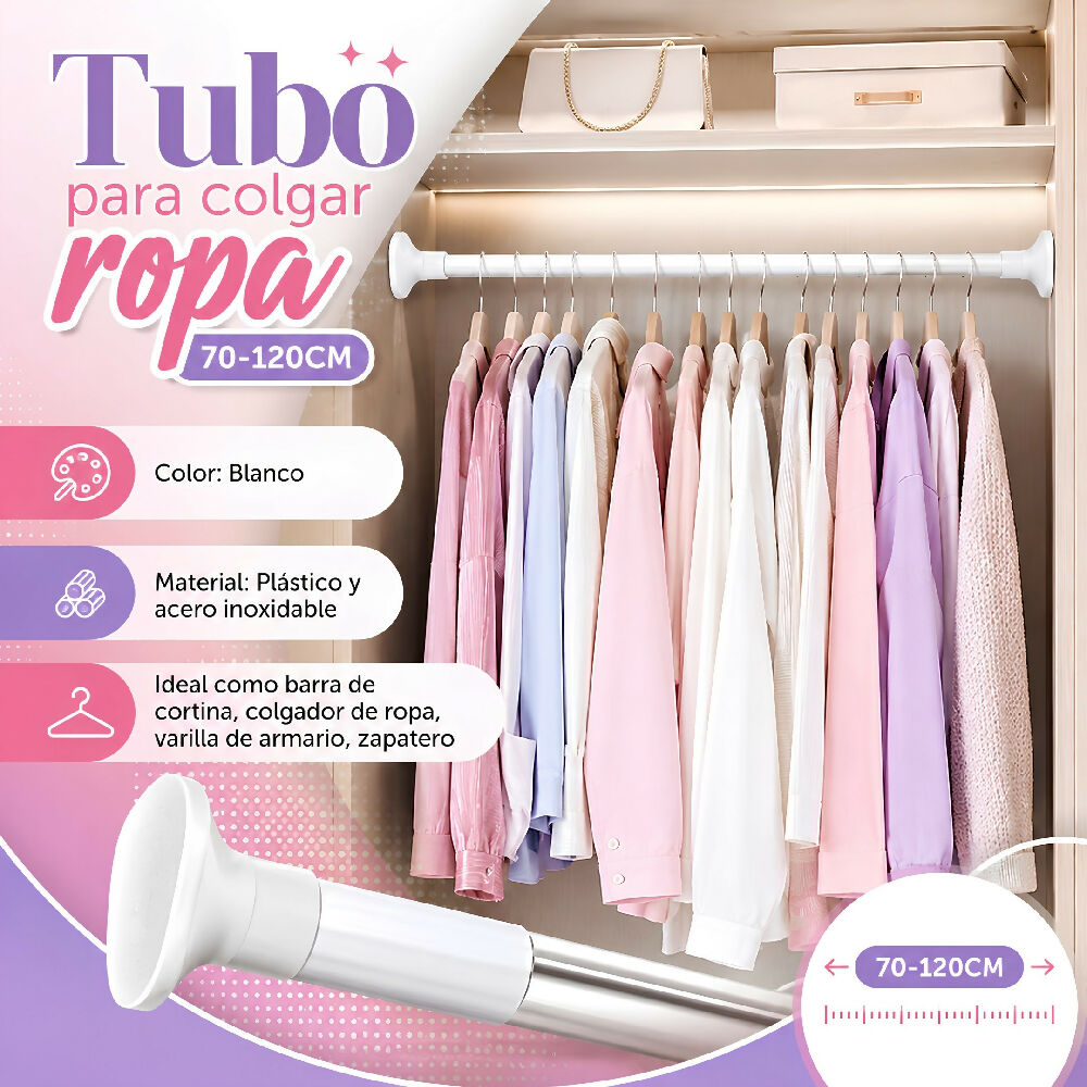 Tubo Para Colgar Ropa Ajustable Extensible 70-120 Cm De Presion Tendedor