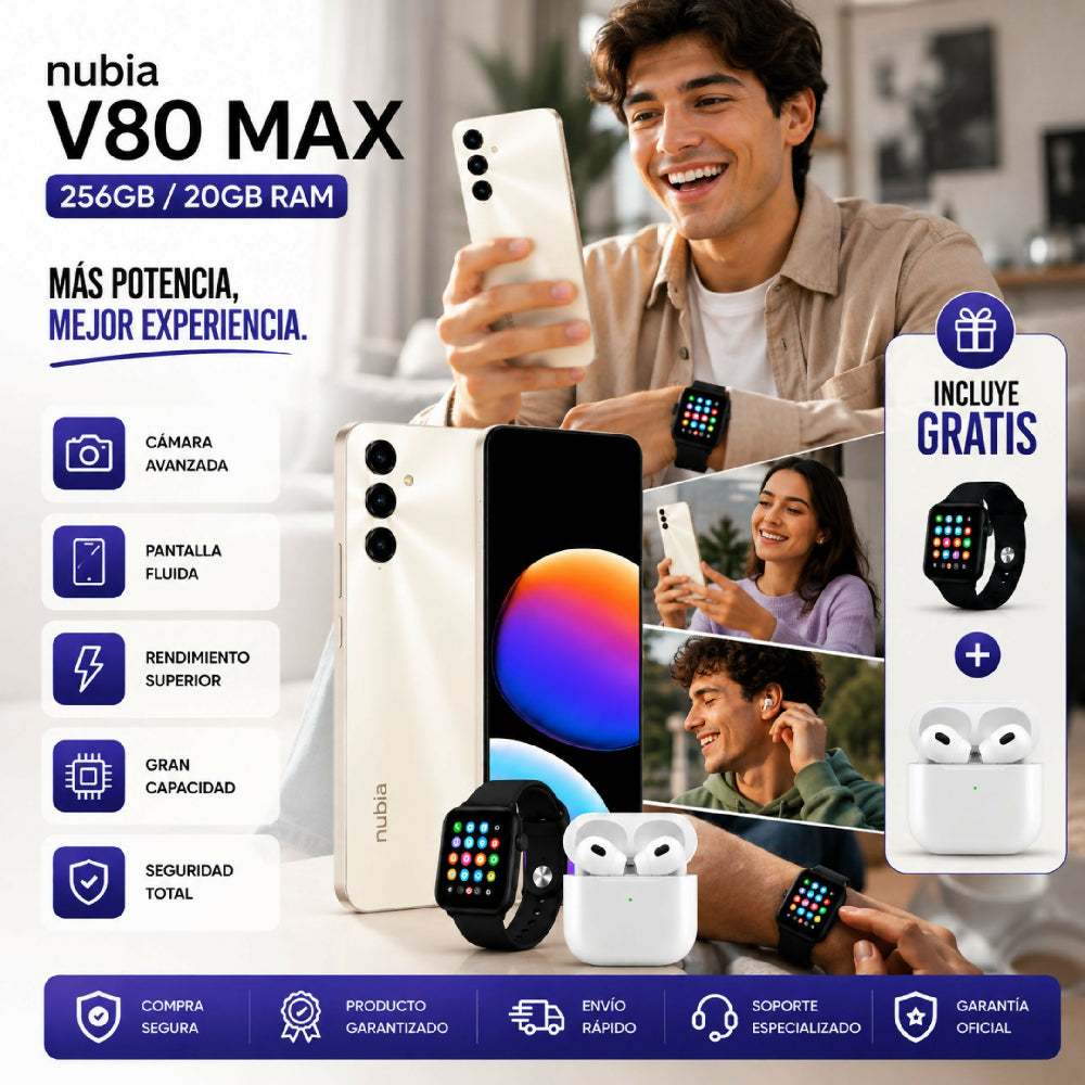 Celular Nubia V80 Max 256GB 20GB RAM Blanco + Audífonos Y Reloj Obsequio