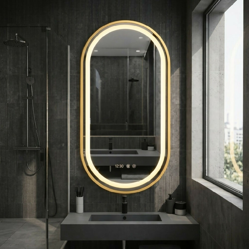 Espejo LED ovalado 100x55 con sistema antiempañante y elegante marco dorado