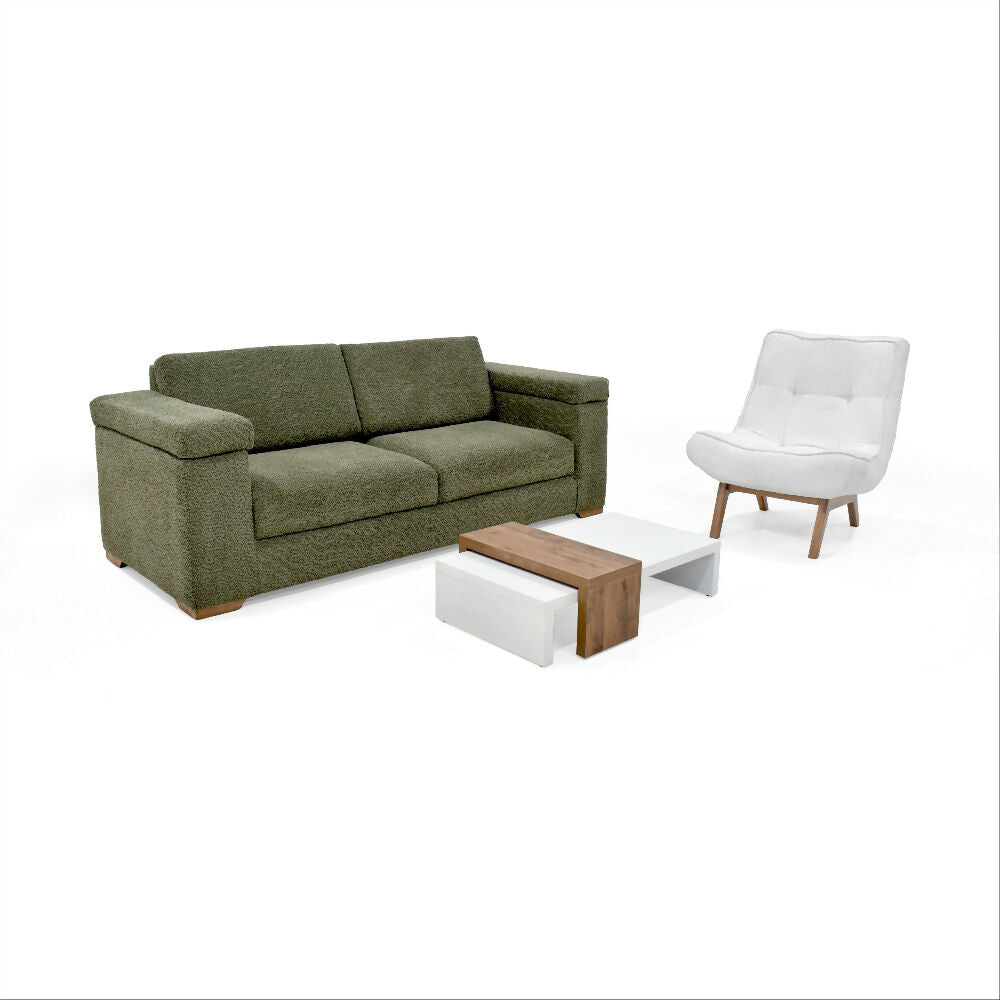 Sala con Sofá 3 Puestos Montenegro Verde y Poltrona Samoa Blanco + Mesa Centro Montreal